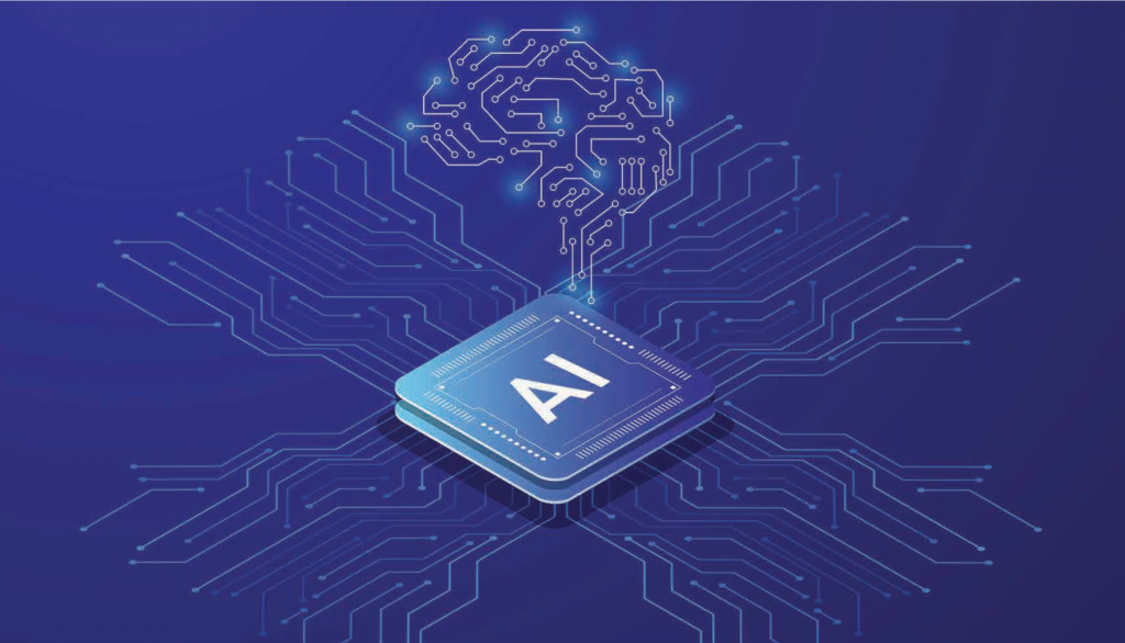 A square with "AI" printed on it is in the center of aesthetic circuitry lines, and shows a brain diagram built from circuitry.